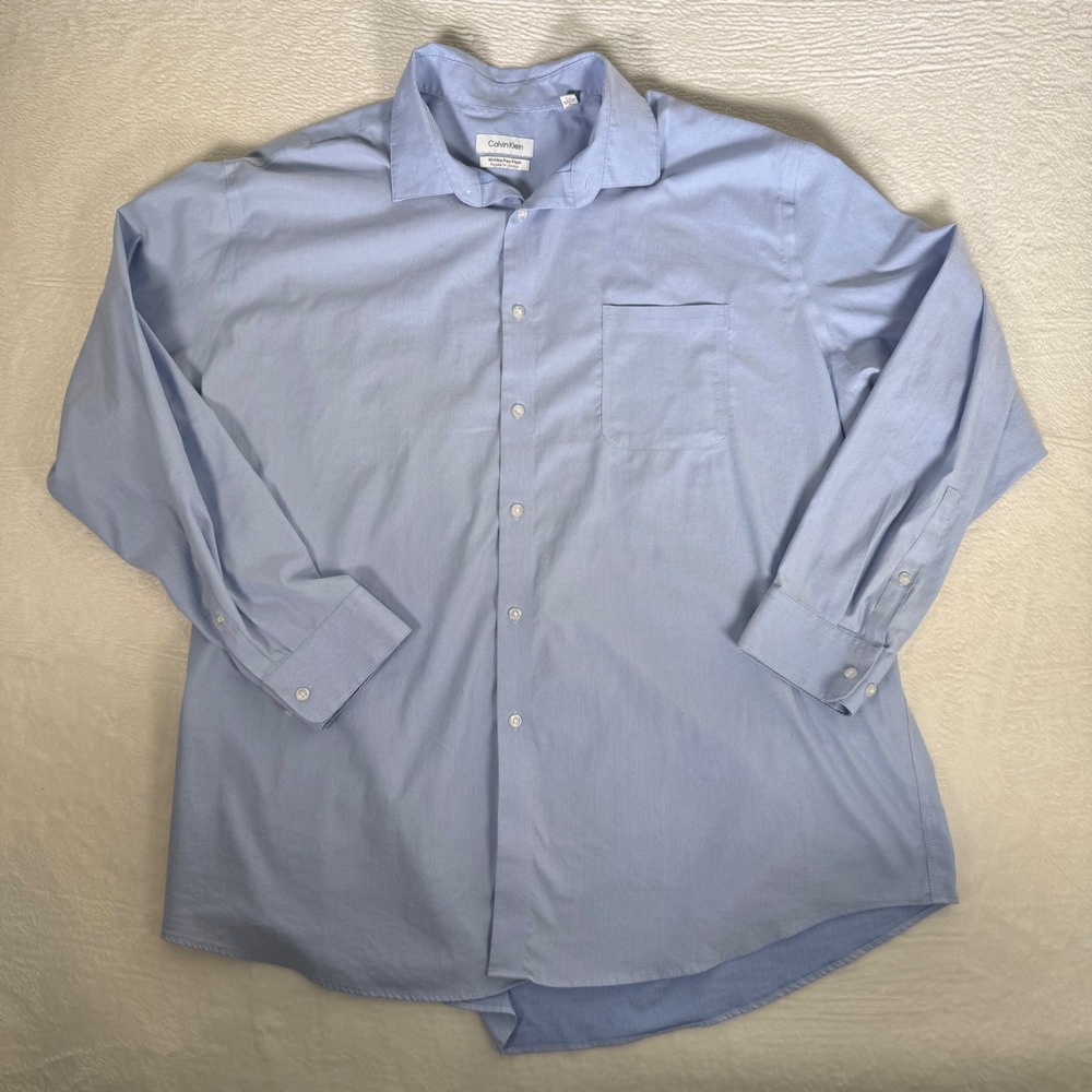 Calvin Klein Mens 18-18.5 34/35 Blue Wrinkle Free Fresh Regular Fit Dress Shirt